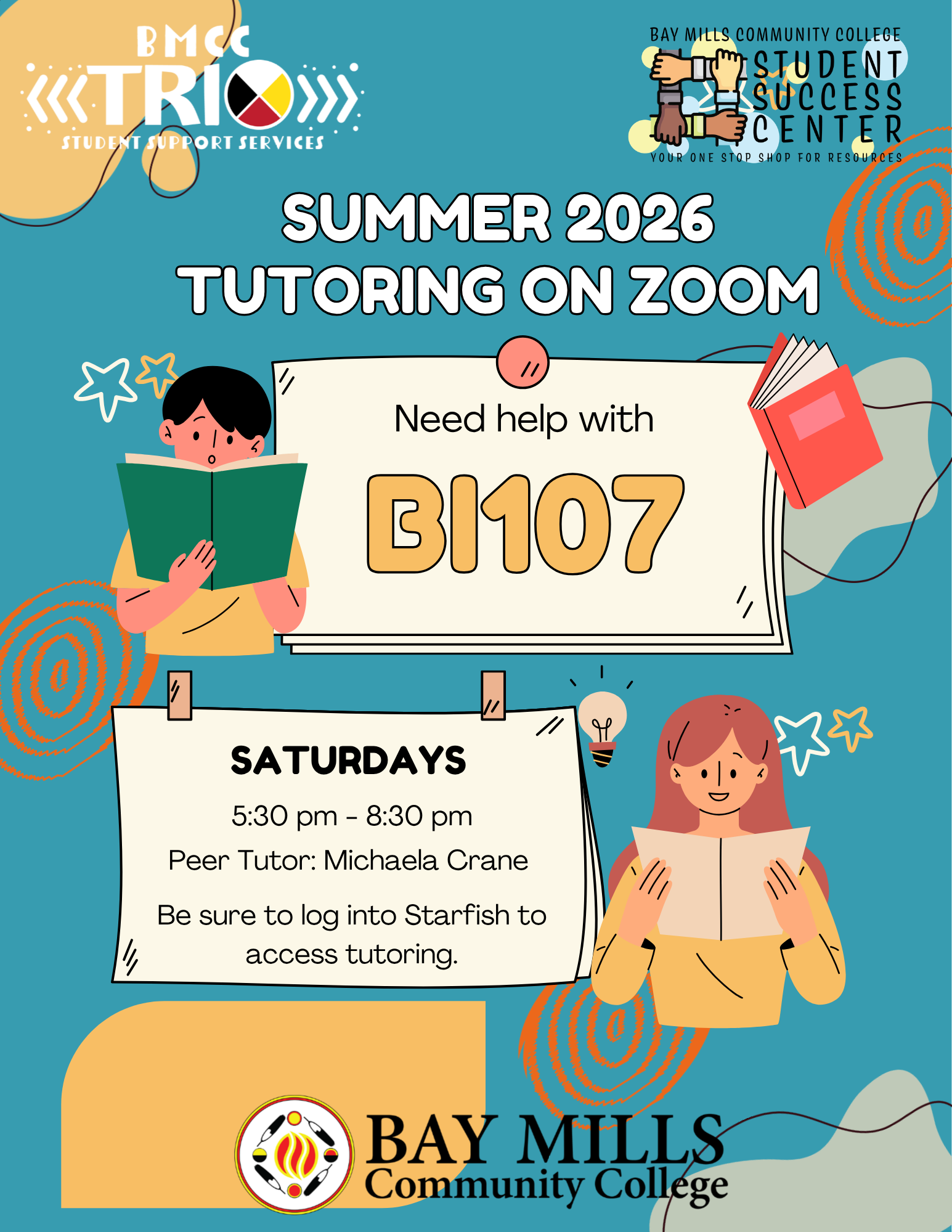 Jim Sawaski Math Tutoring Flyer. BMCC logo. BMCC Fall 2025 Professional Math Tutoring with Jim Sawaski. Tuesday 6 - 7pm (Zoom), Sunday 6 - 7pm (Zoom). Check-in using your BMCC Starfish Account. Questions? Please contact Student Success Center, ssc@bmcc.edu Bottom row BMCC TRiO logo, reduce/reuse/recycle logo, Student Success Center logo.